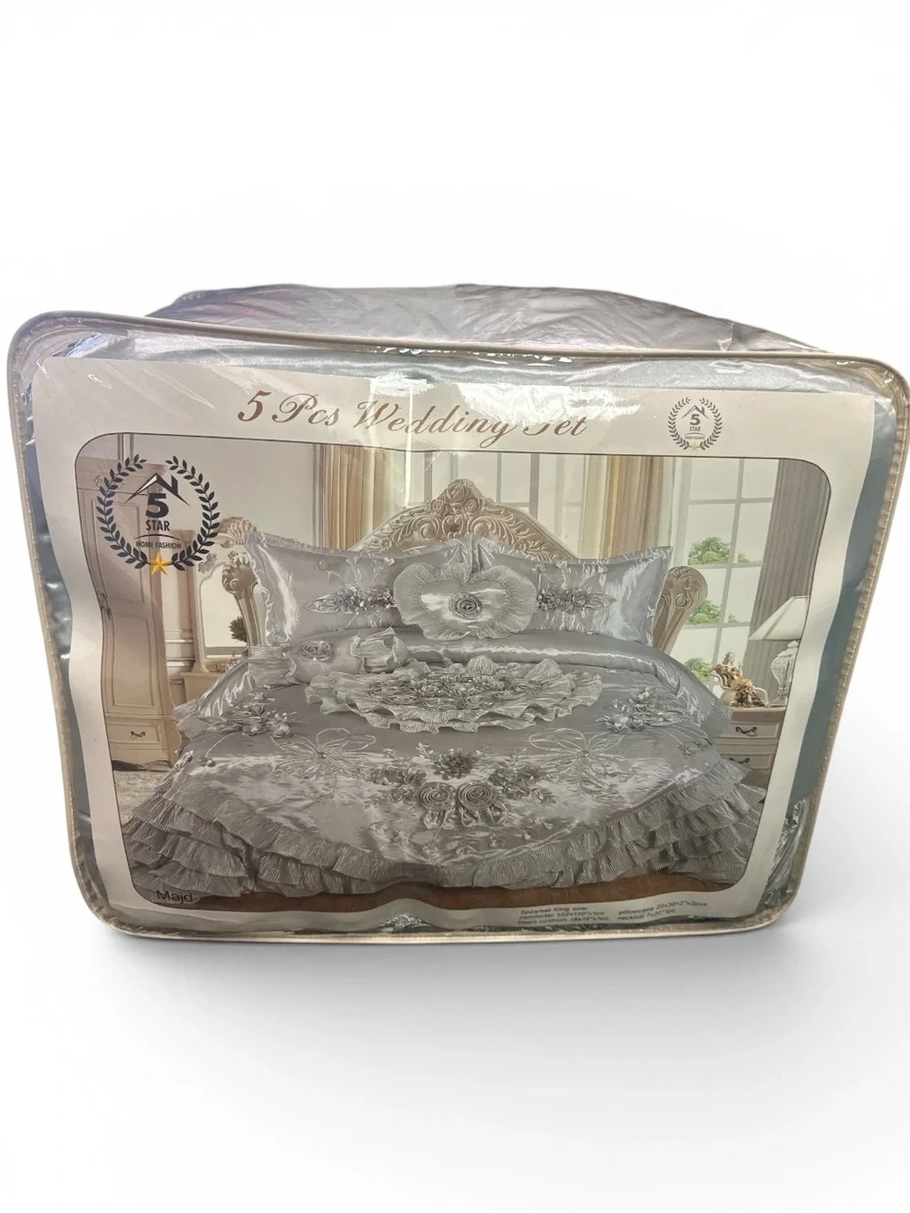 5-Piece Silver Wedding Comforter Set with Ruffled Detail
